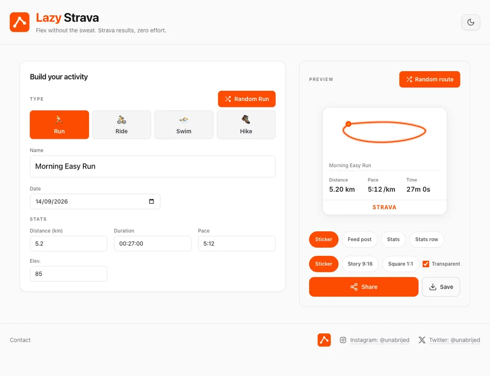 Lazy Strava application interface